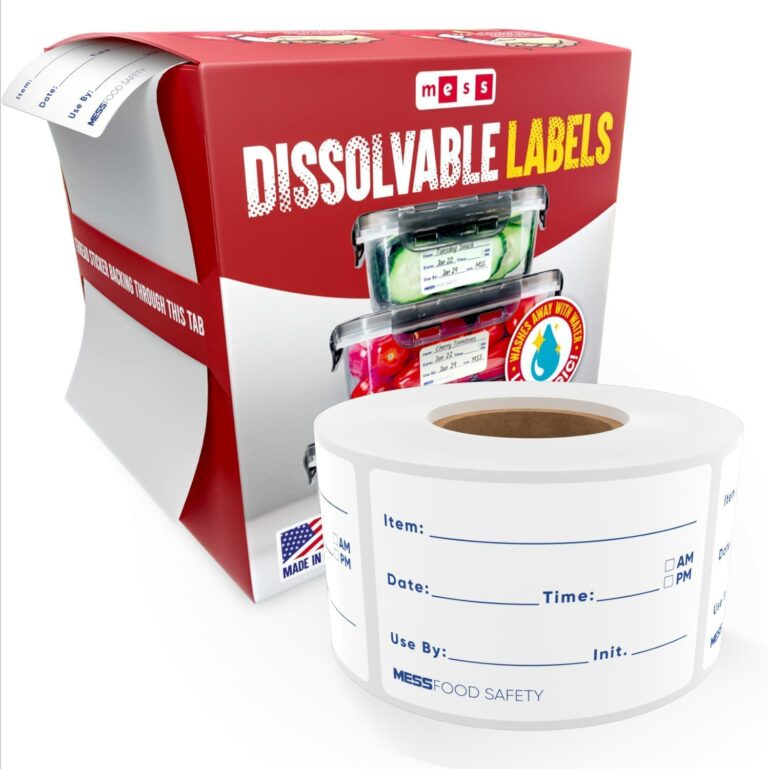 Box with dissolvable labels, removable labels, roll of labels