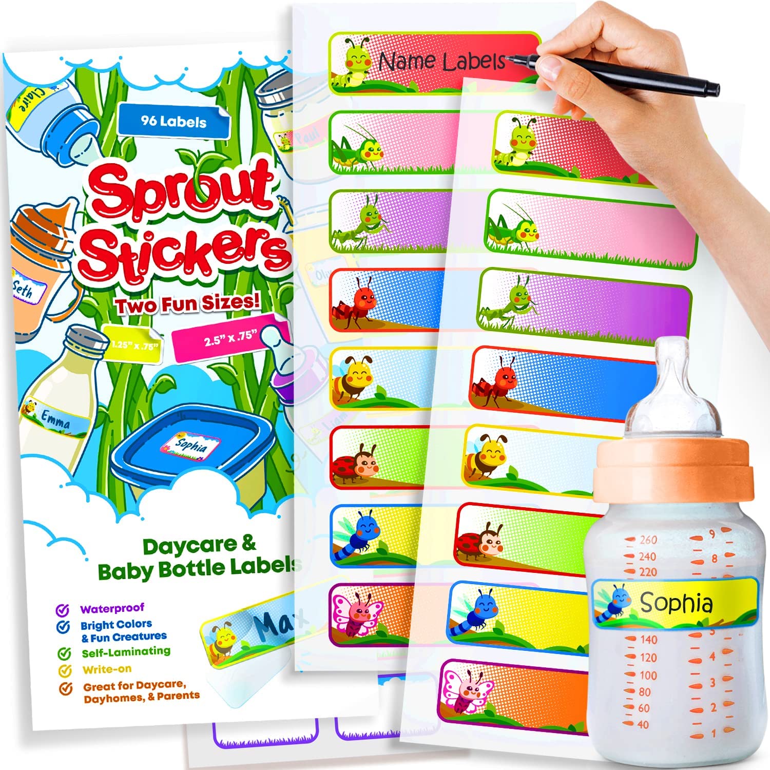 Sprout Stickers Baby Bottle Labels for Kids and Babies - 96 Daycare Labels  - MESS BRANDS