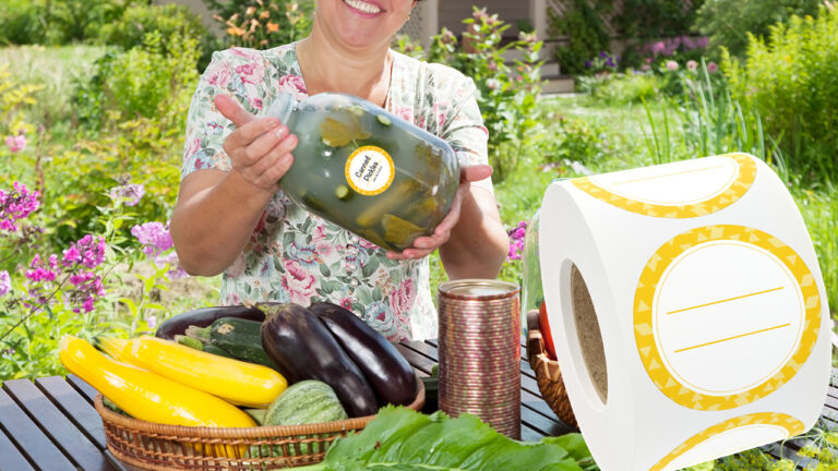 a woman holding a jar of pickles next to a basket of vegetables.
