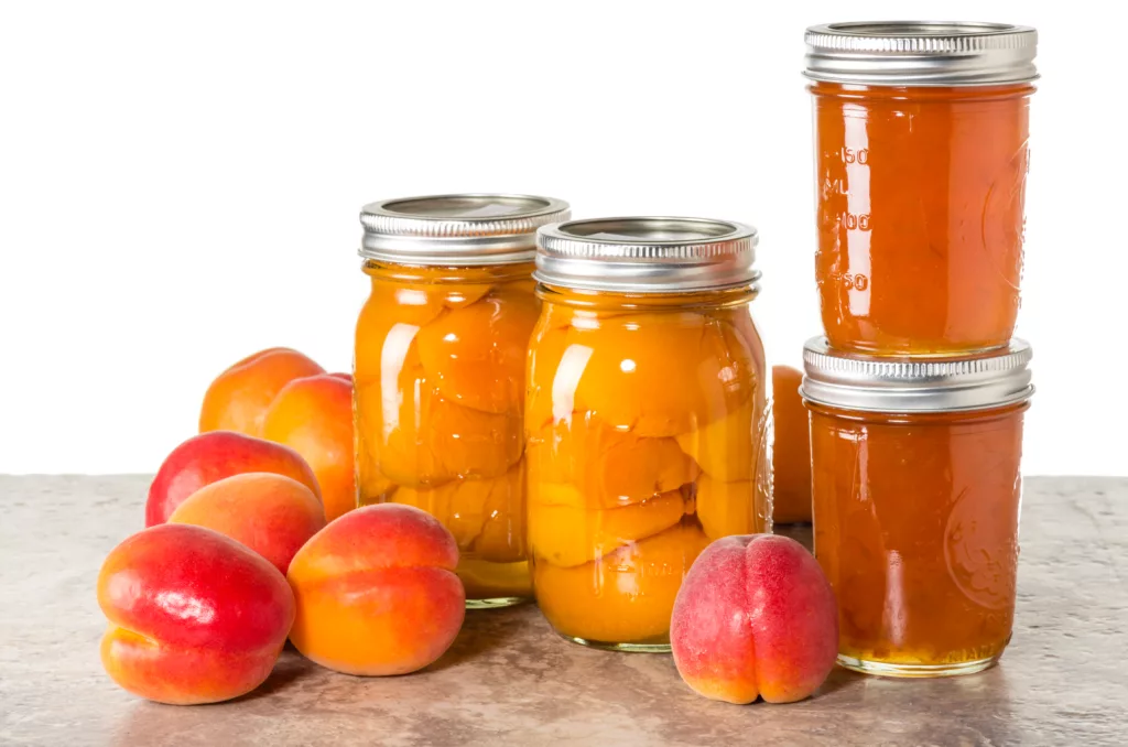 Fresh apricots preserved as homemade jam and in mason jars